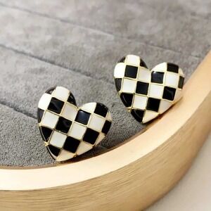 Heart Stud Earrings Black White Checkered Checkerboard Gold Tone Cute